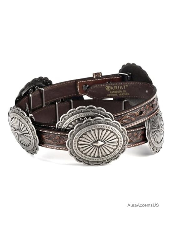 Western Tooled Leather Belt with Silver Oval Concho, Pull On main image 4